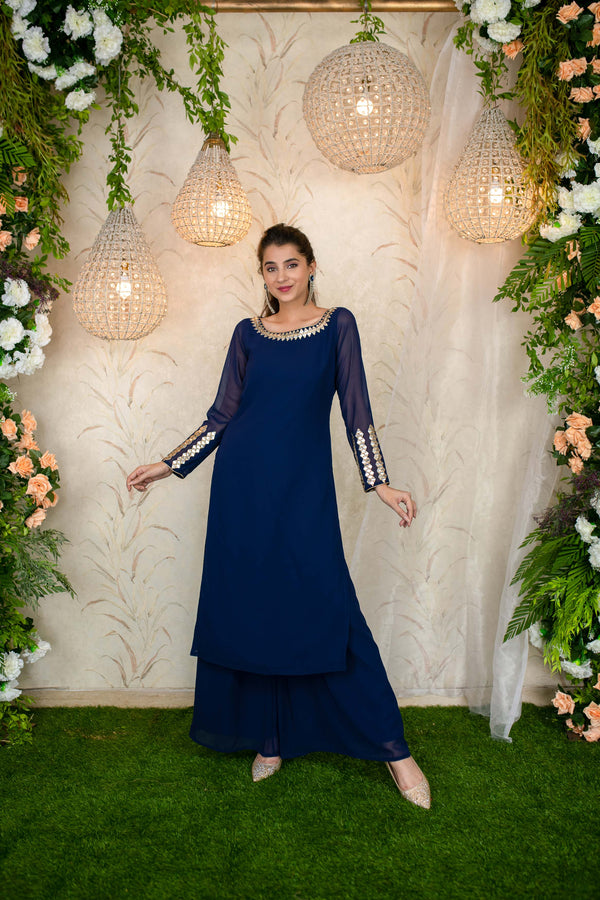Women's Ink Blue Hand Mirror Work Kurta