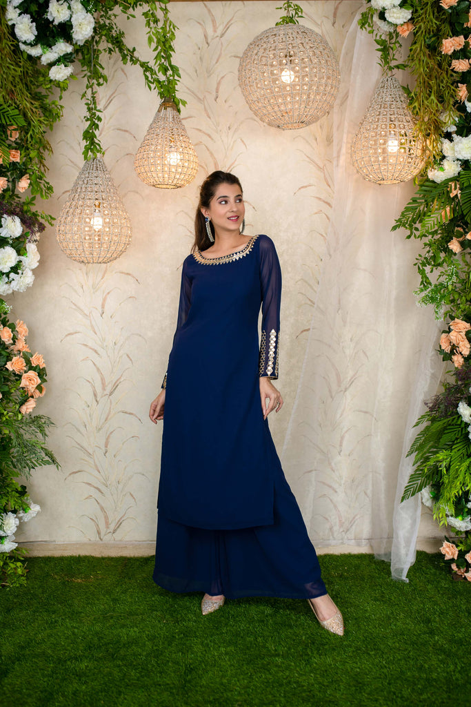 Women's Ink Blue Hand Mirror Work Kurta