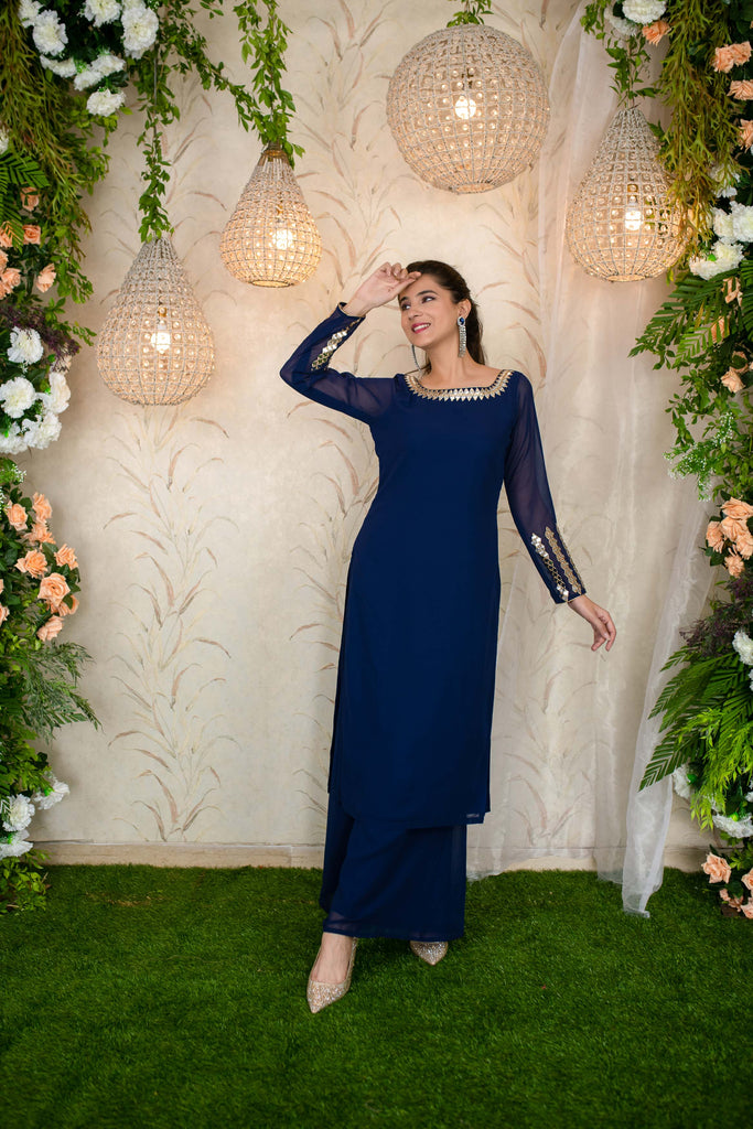 Women's Ink Blue Hand Mirror Work Kurta