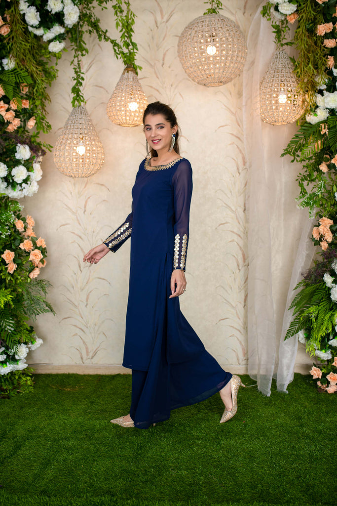 Women's Ink Blue Hand Mirror Work Kurta