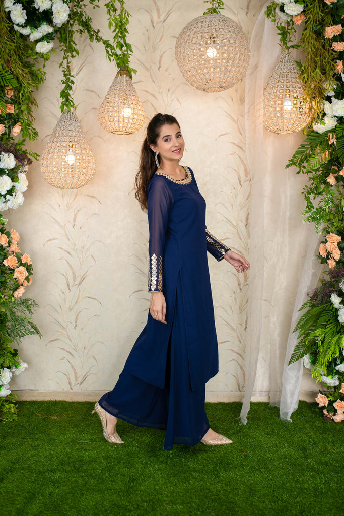 Women's Ink Blue Hand Mirror Work Kurta