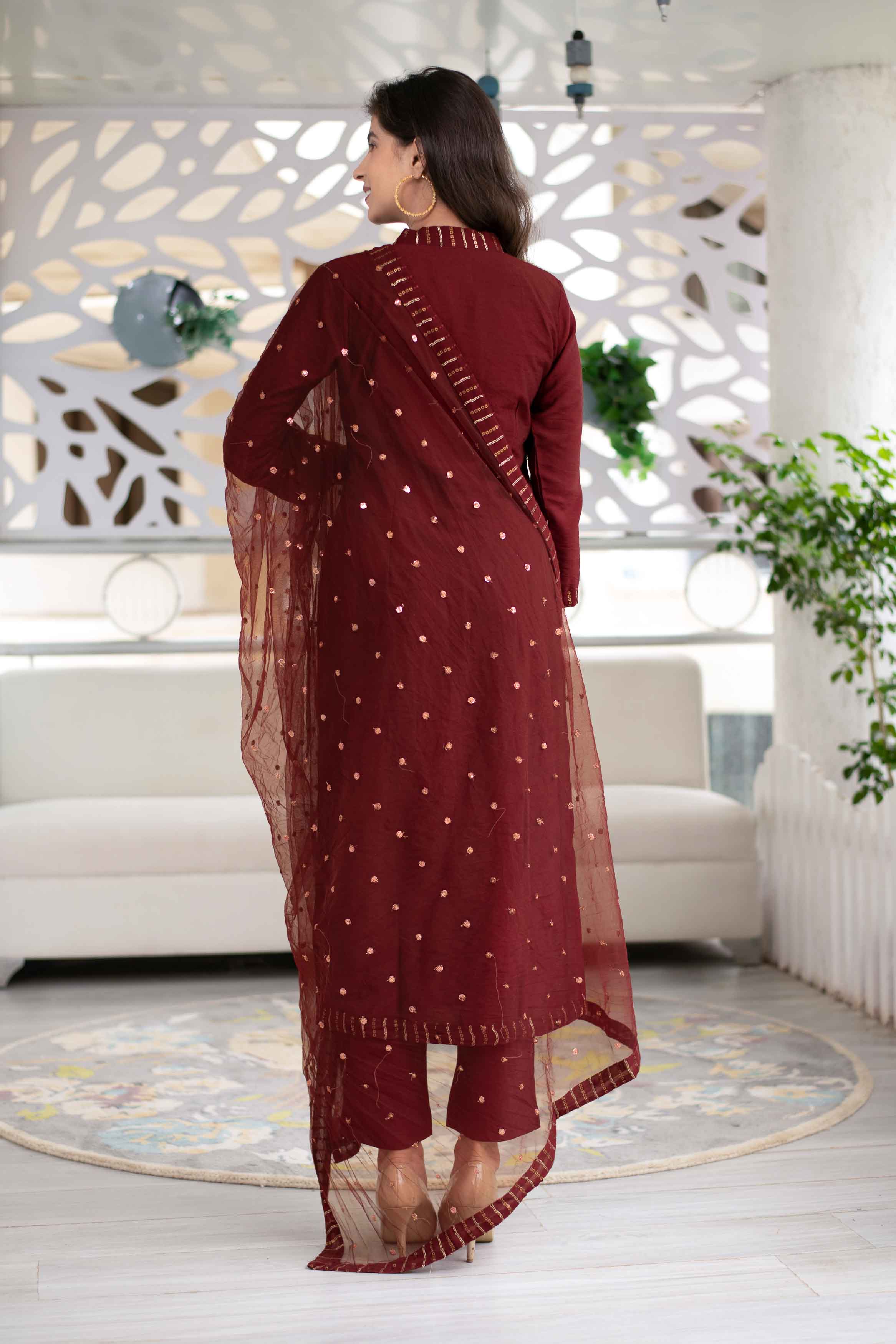 Women's Embellished Maroon Kurta Set (3 Pc Set) - Label Shaurya Sanadhya