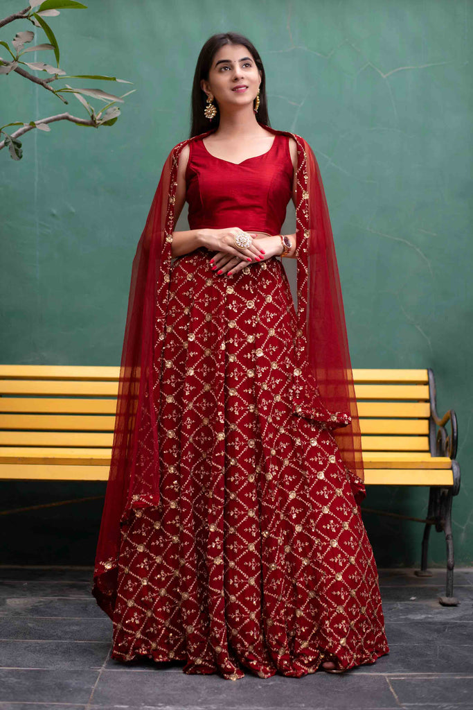 Women's Deep Red Sequin And Zari Work Lehenga Set (3pcs set)