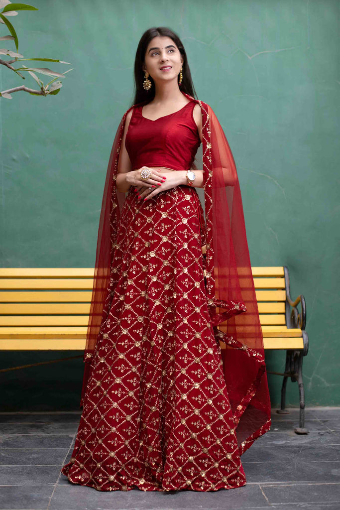 Women's Deep Red Sequin And Zari Work Lehenga Set (3pcs set)