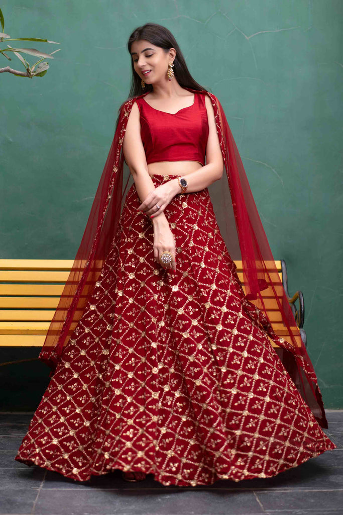 Women's Deep Red Sequin And Zari Work Lehenga Set (3pcs set)