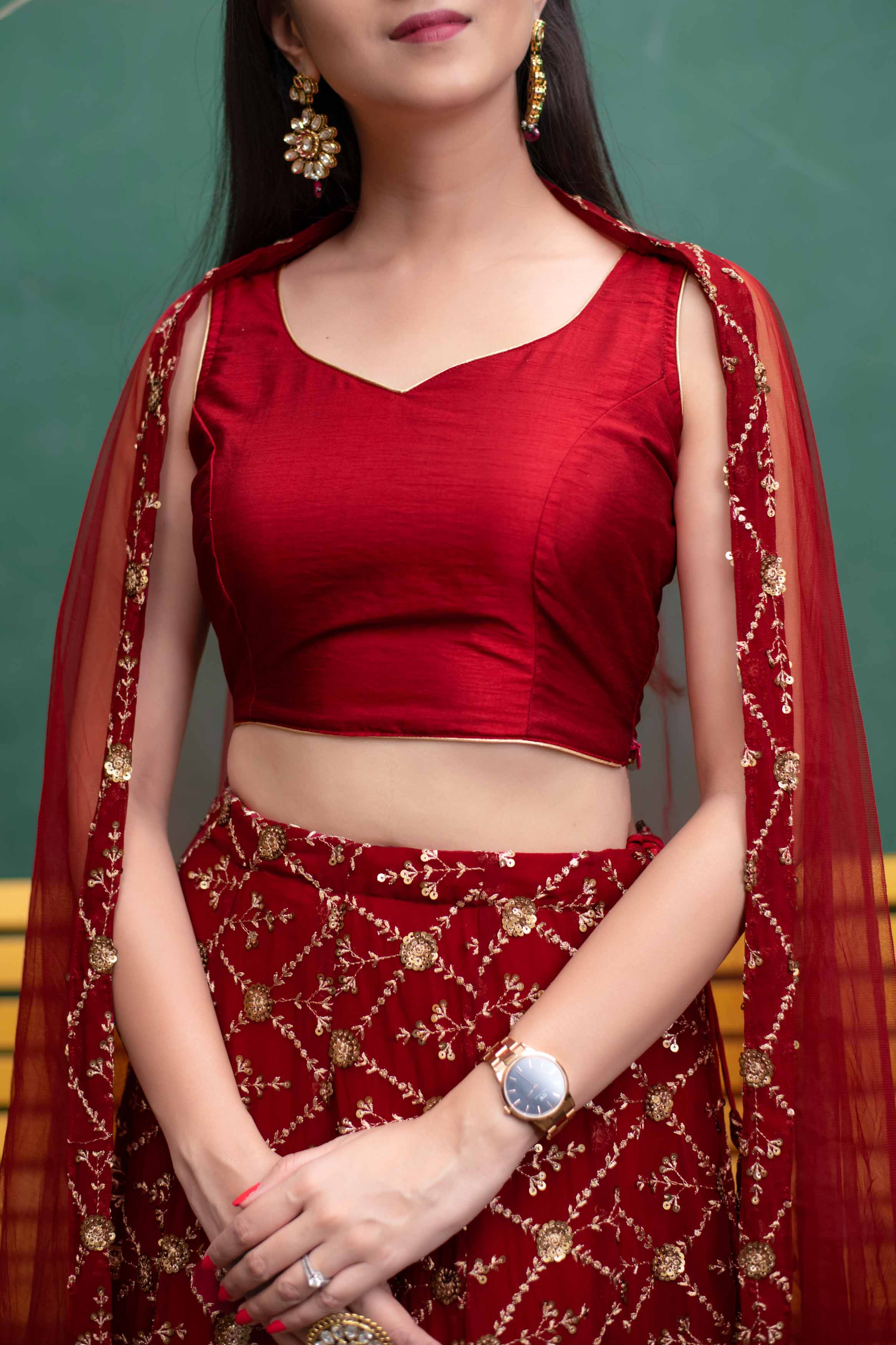 Women's Deep Red Sequin And Zari Work Lehenga Set (3pcs set) - Label Shaurya Sanadhya