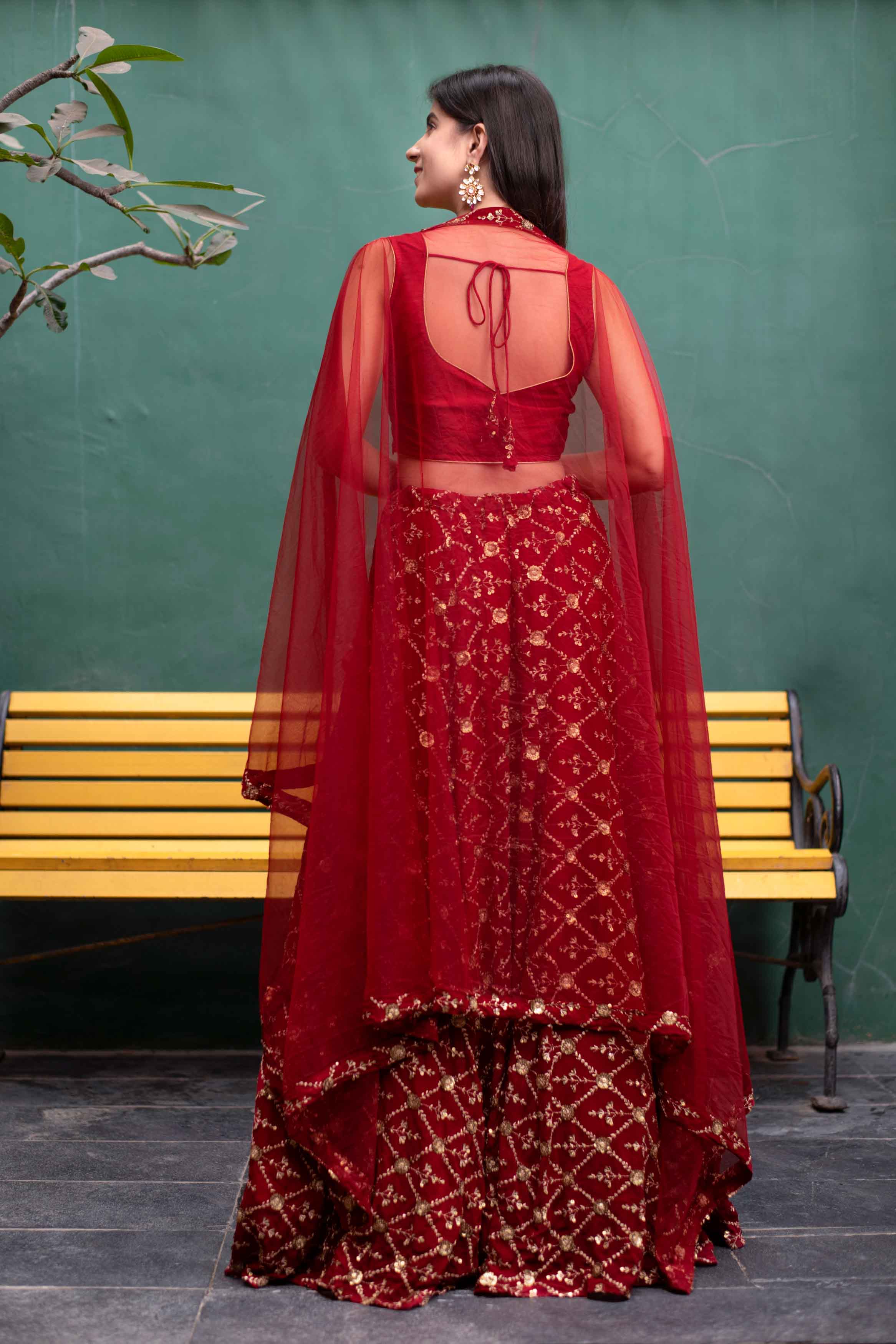 Women's Deep Red Sequin And Zari Work Lehenga Set (3pcs set) - Label Shaurya Sanadhya