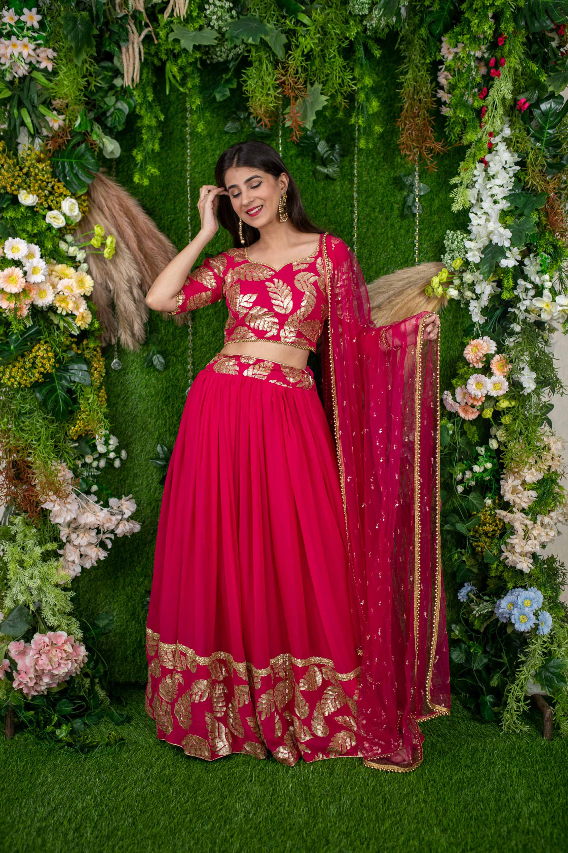 Women's Rani Pink Leaf Daman Lehenga