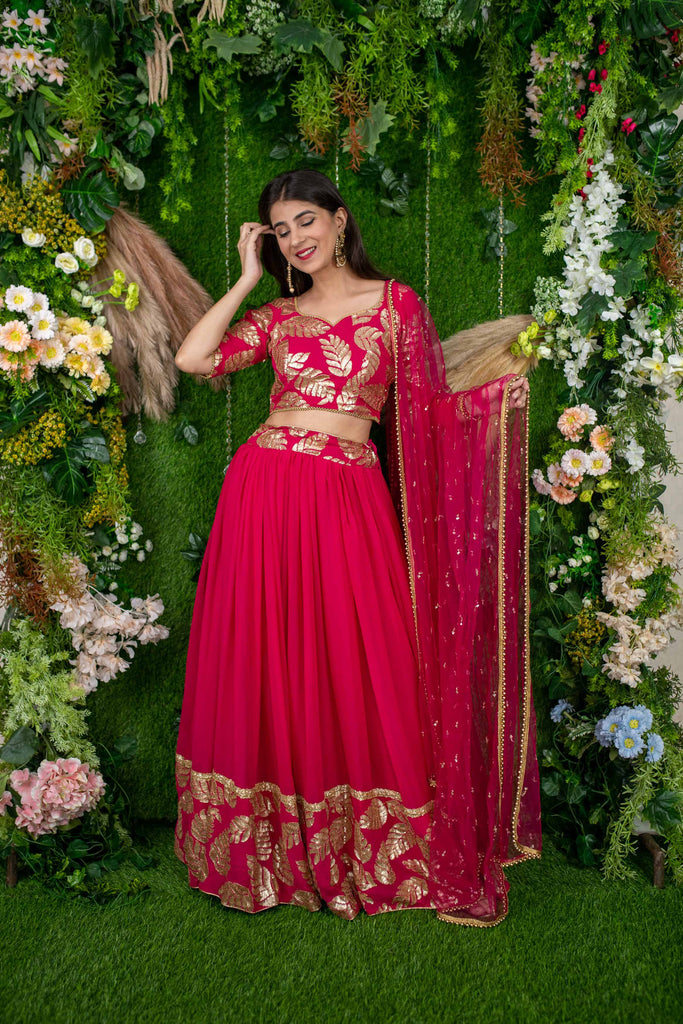 Women's Rani Pink Leaf Daman Lehenga