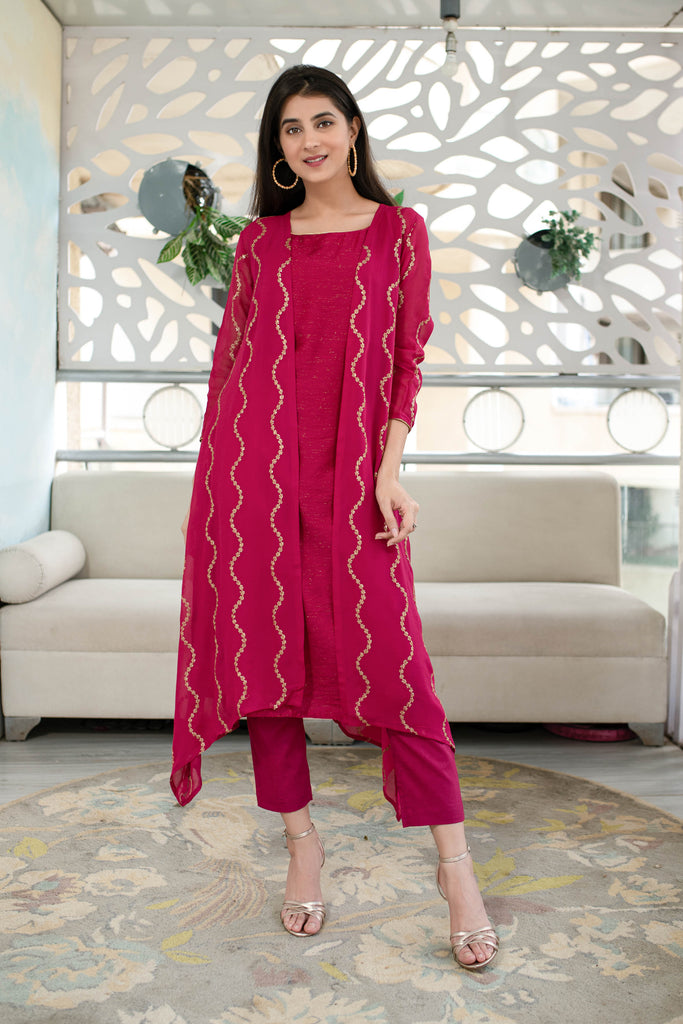 Women's Pink Kurta Pant With Overcoat (3pcs set)
