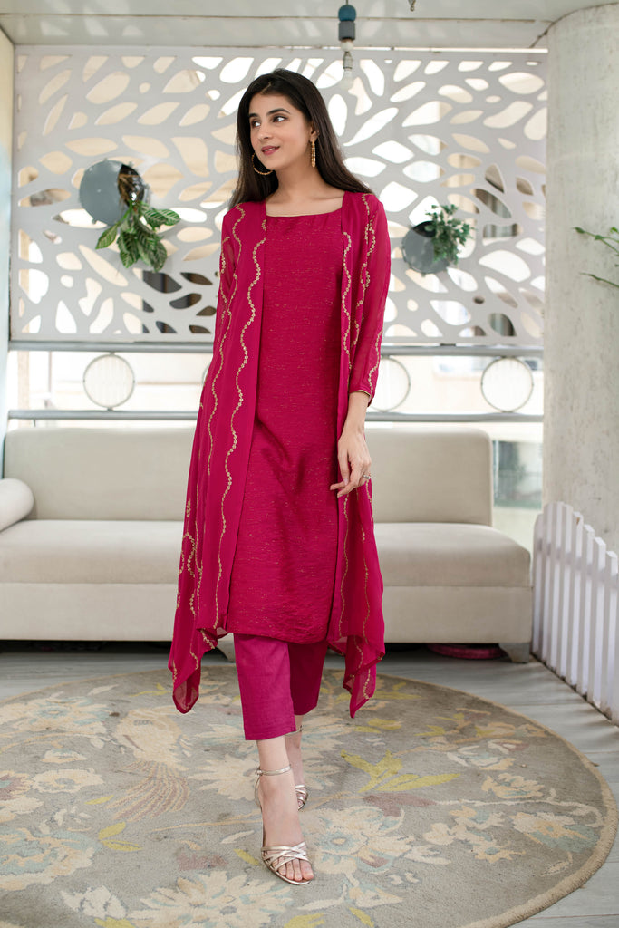 Women's Pink Kurta Pant With Overcoat (3pcs set)
