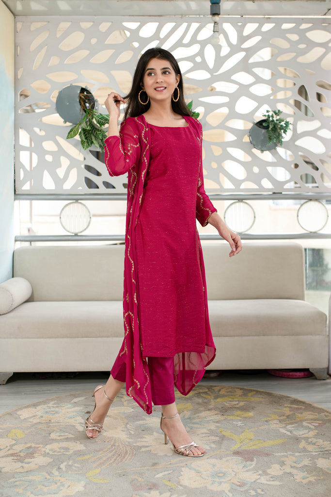 Women's Pink Kurta Pant With Overcoat (3pcs set)