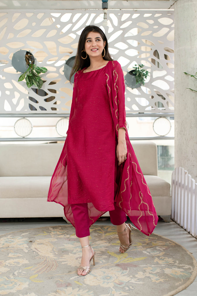 Women's Pink Kurta Pant With Overcoat (3pcs set)