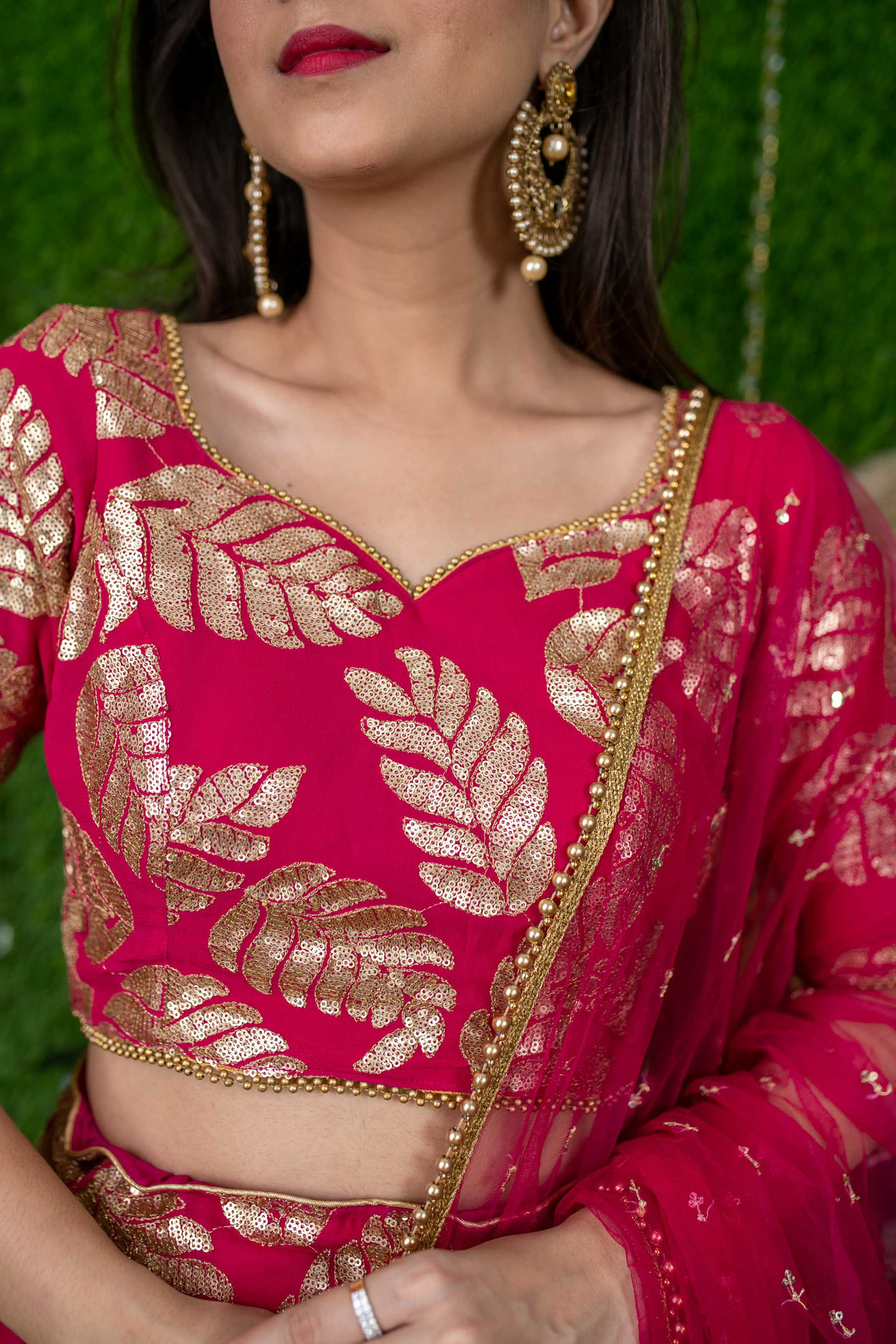 Women's Rani Pink Leaf Daman Lehenga - Label Shaurya Sanadhya