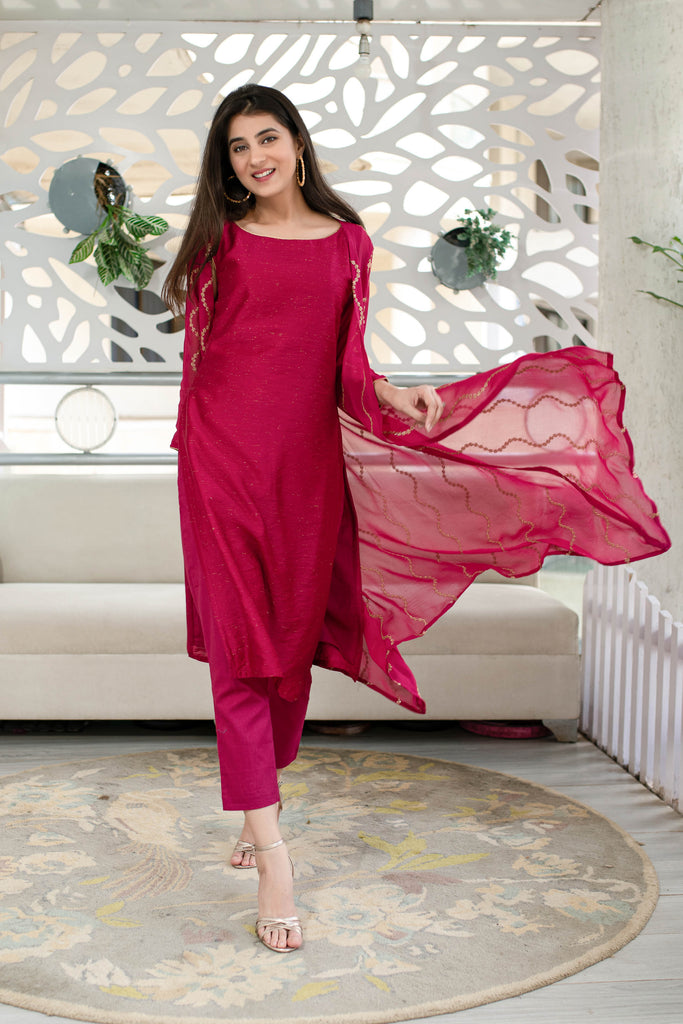 Women's Pink Kurta Pant With Overcoat (3pcs set)
