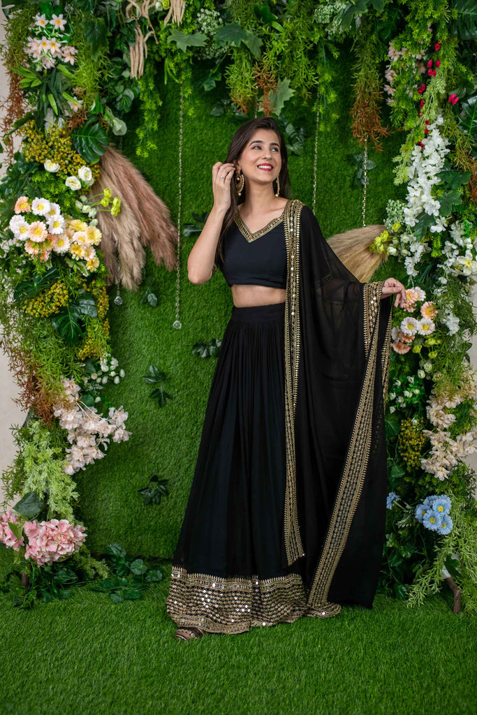 Women's Black And Golden Daman Lehenga