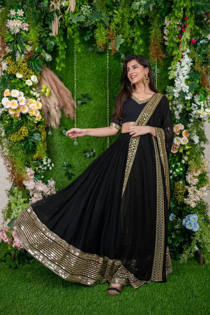 Women's Black And Golden Daman Lehenga