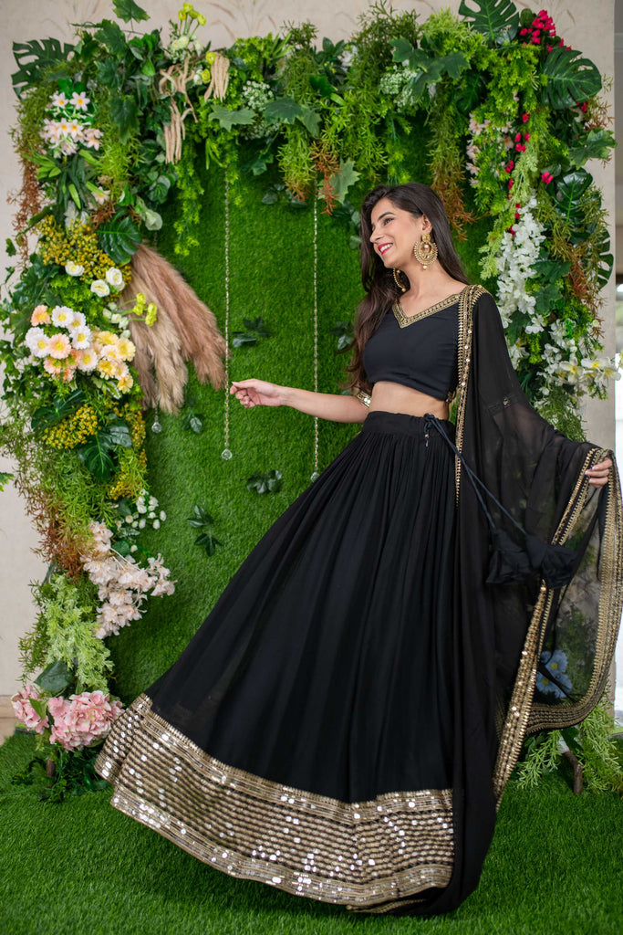 Women's Black And Golden Daman Lehenga