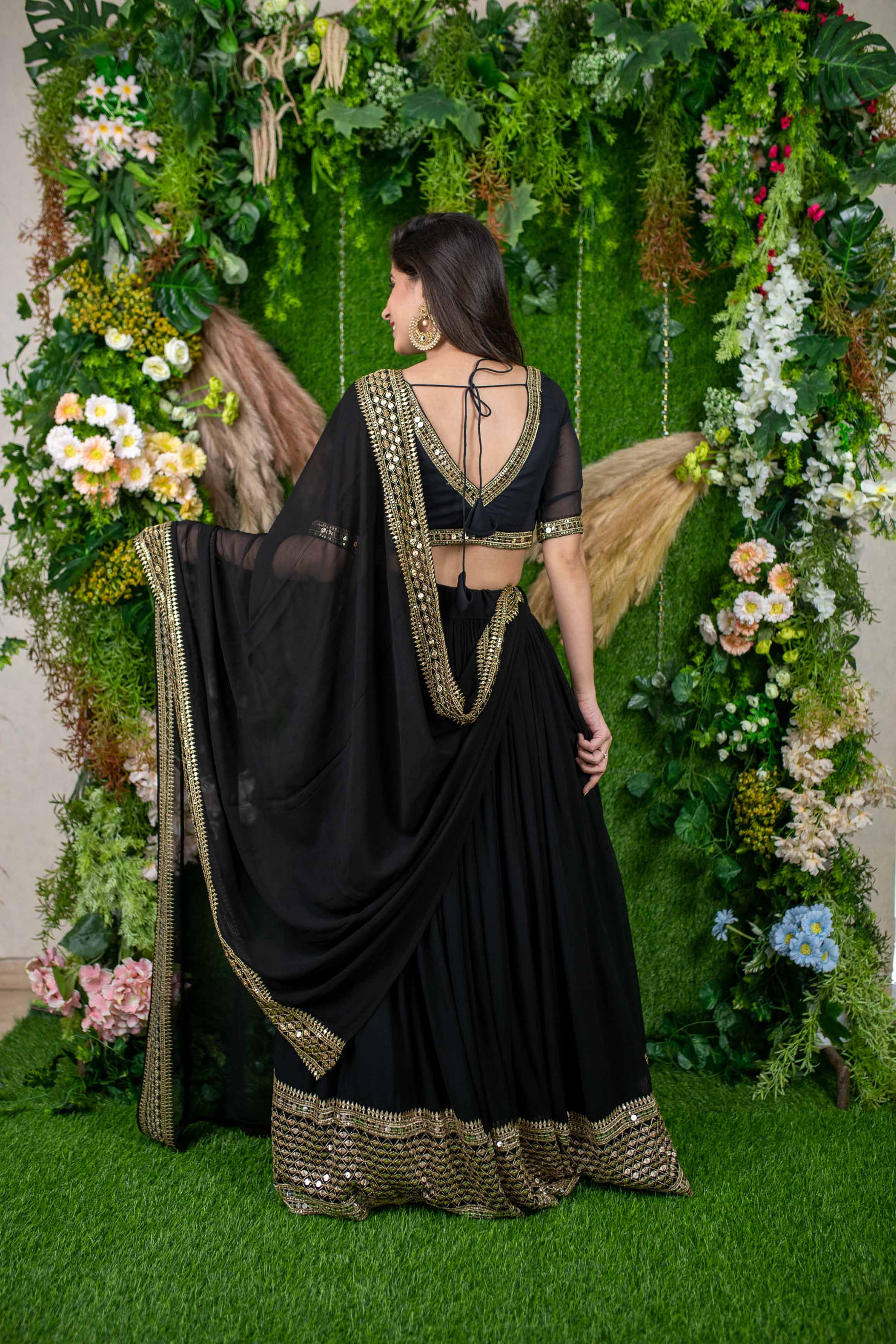 Women's Black And Golden Daman Lehenga - Label Shaurya Sanadhya