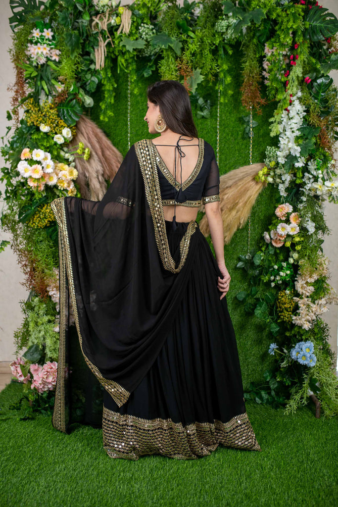 Women's Black And Golden Daman Lehenga