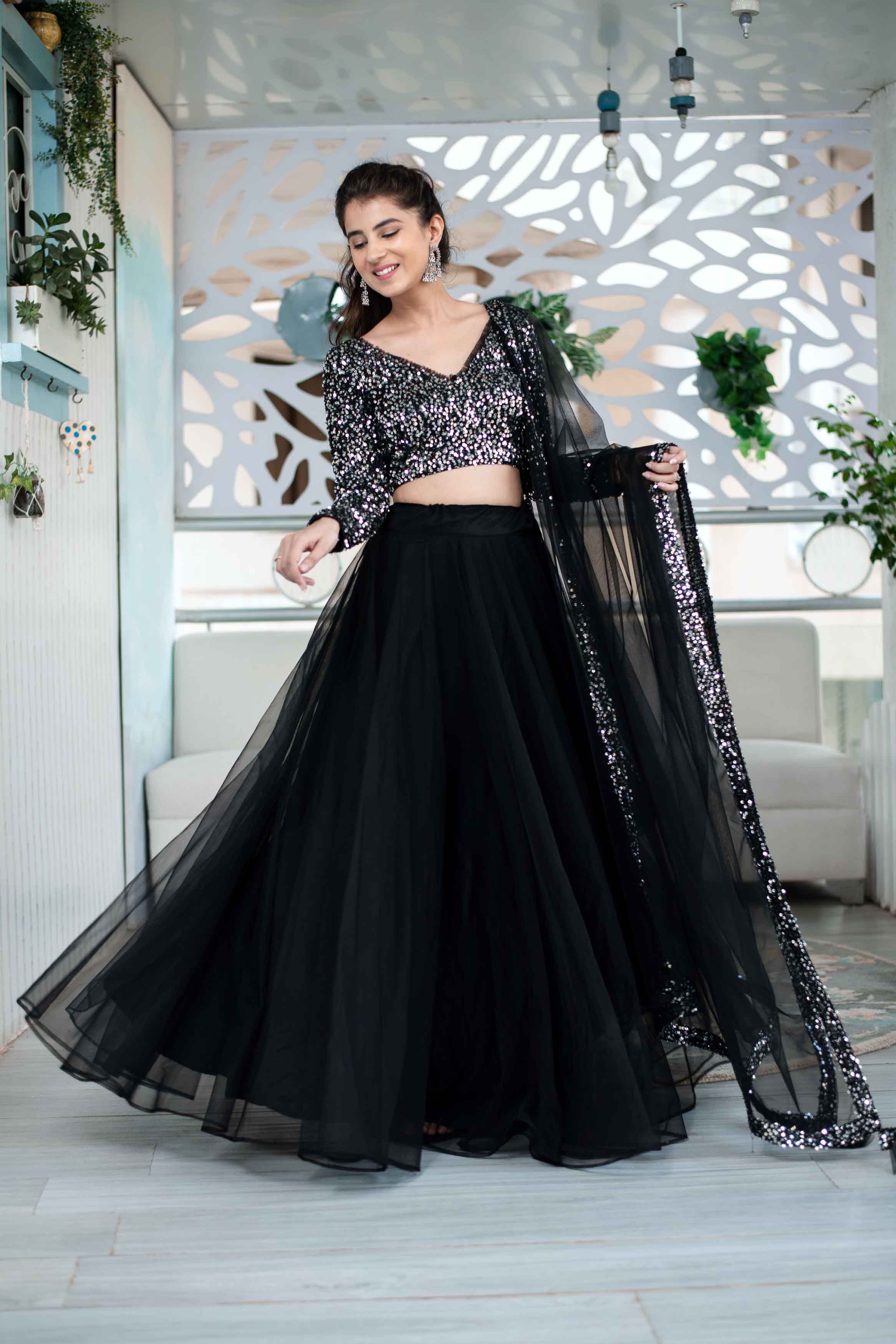 black and silver indian dress Lehenga Black And Silver Indian Dress Black Organza Silk Wedding Mirror Look Designer Lehenga Choli For