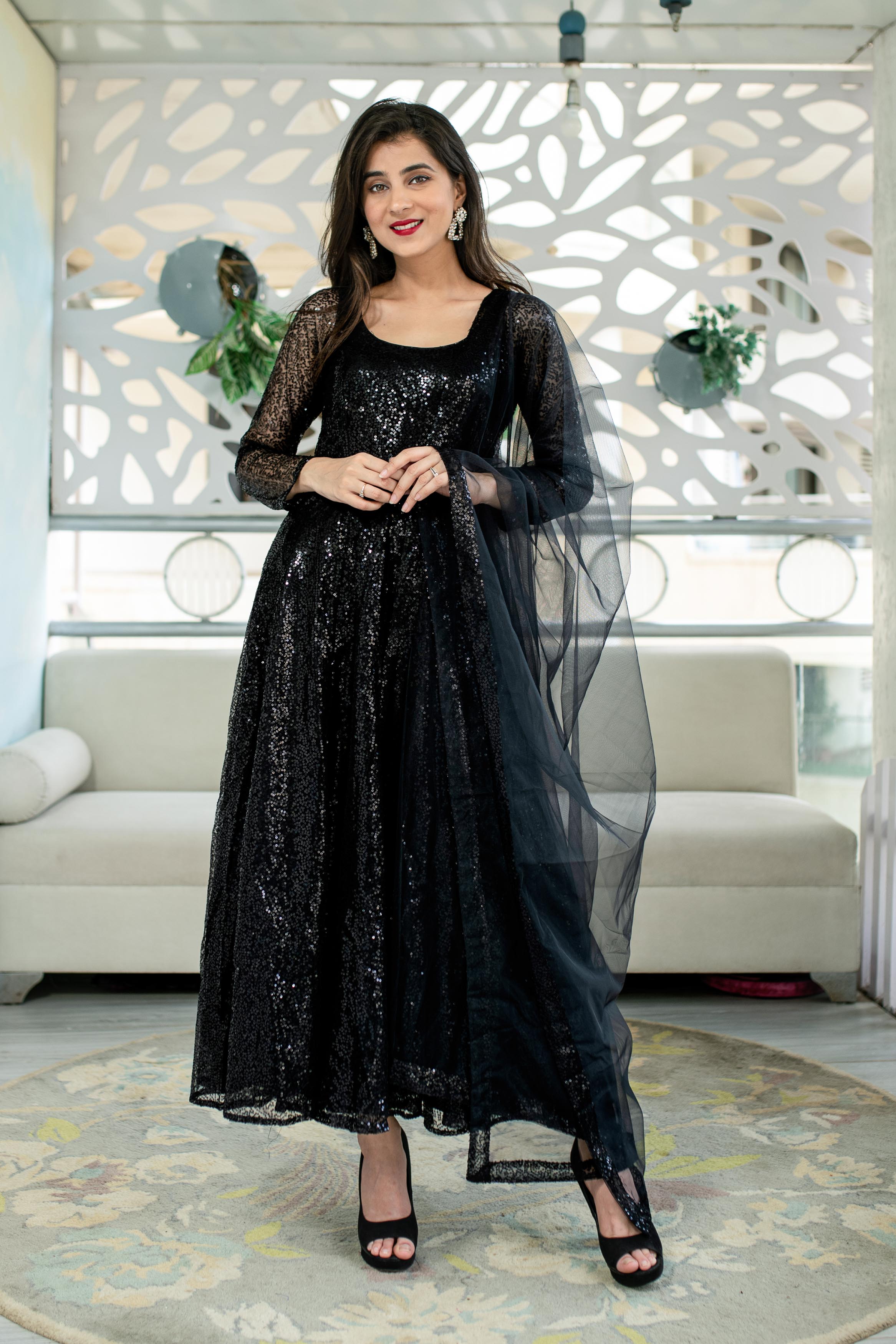 Women's Black Sequin Anarkali Set (3pcs set) - Label Shaurya Sanadhya