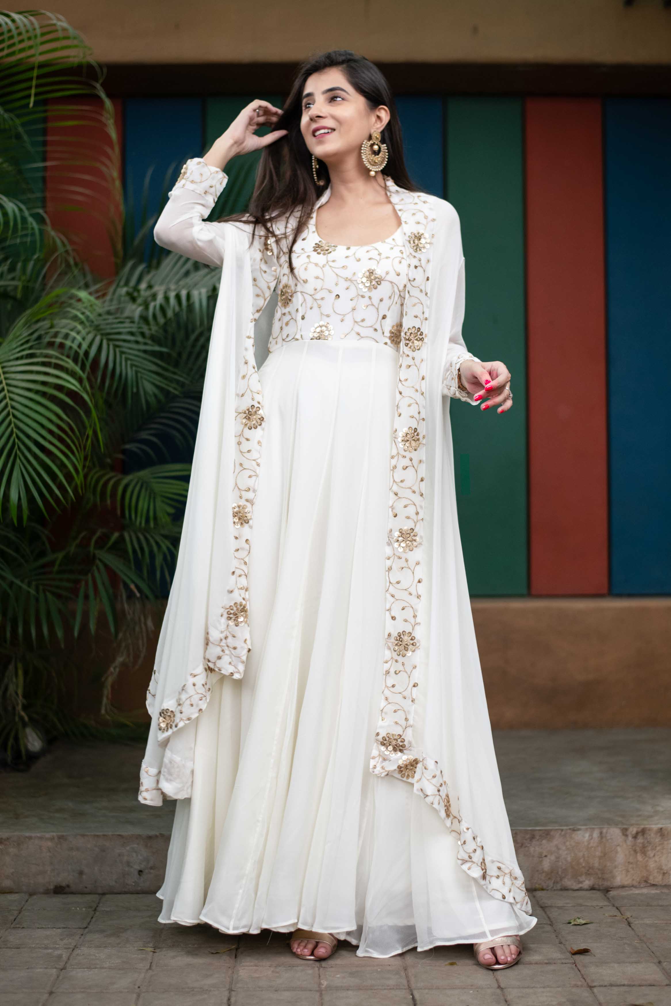 Buy Women's Off White Jacket Gown With Sequin And Zari Work ( Set Of 2) - Label Shaurya Sandhya | Trendia White / S Buy Women's Off White Jacket Gown With Sequin And Zari Work ( Set Of 2) - Label Shaurya Sandhya | Trendia White / S