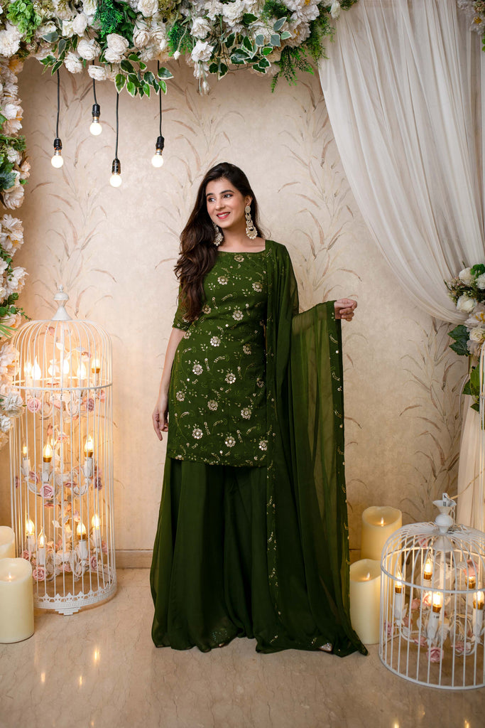 Women's Olive Kurta With Palazzo (3pcs set)
