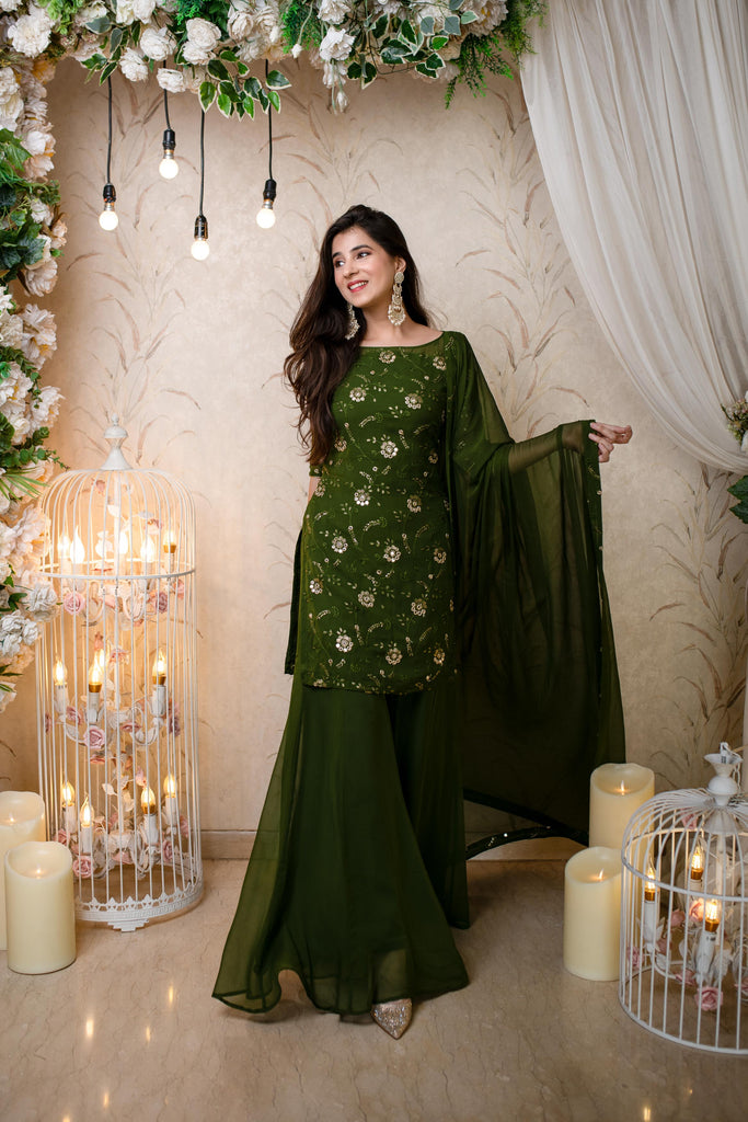 Women's Olive Kurta With Palazzo (3pcs set)