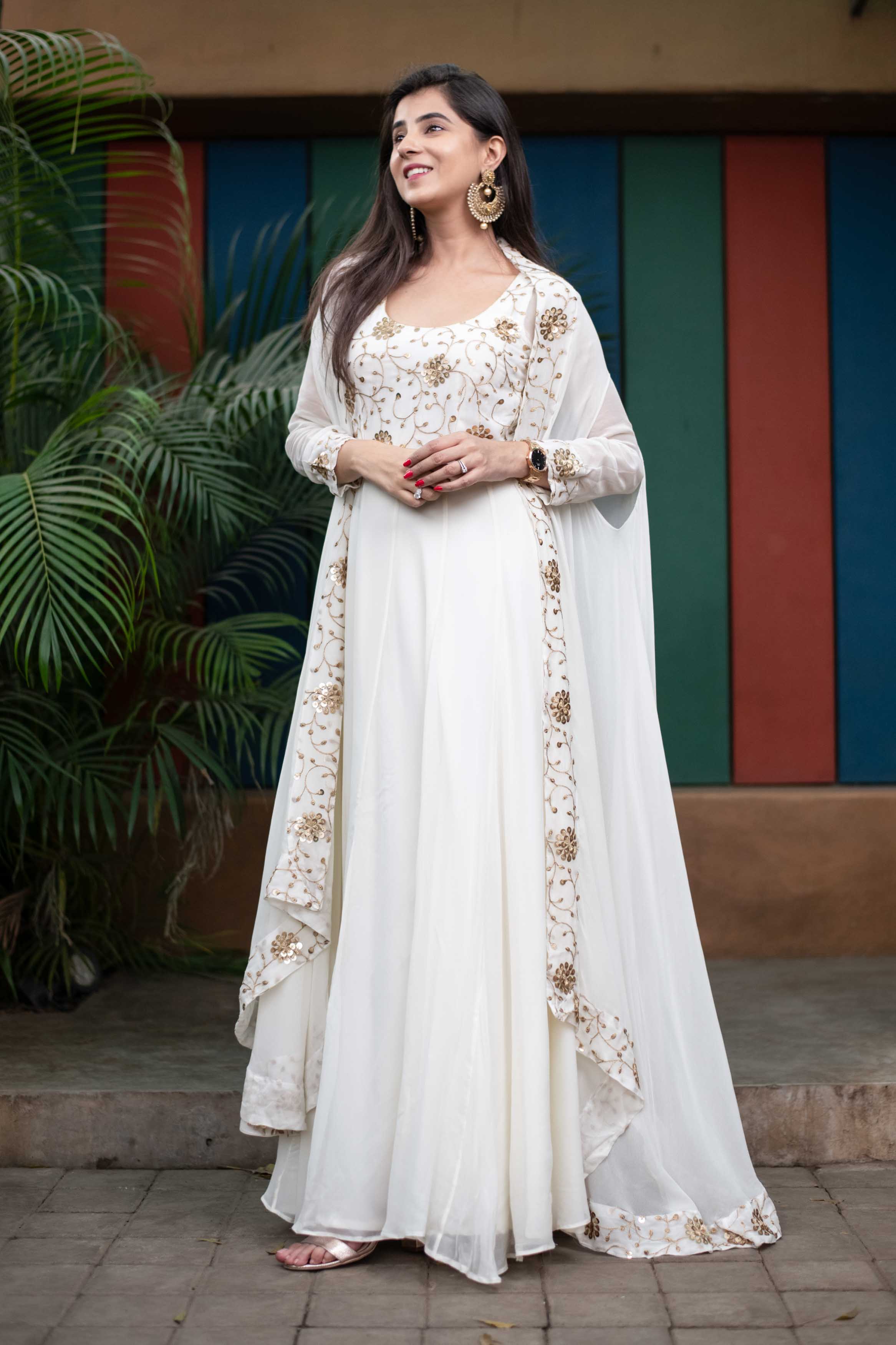Buy Women's Off White Jacket Gown With Sequin And Zari Work ( Set Of 2) - Label Shaurya Sandhya | Trendia White / S Buy Women's Off White Jacket Gown With Sequin And Zari Work ( Set Of 2) - Label Shaurya Sandhya | Trendia White / S