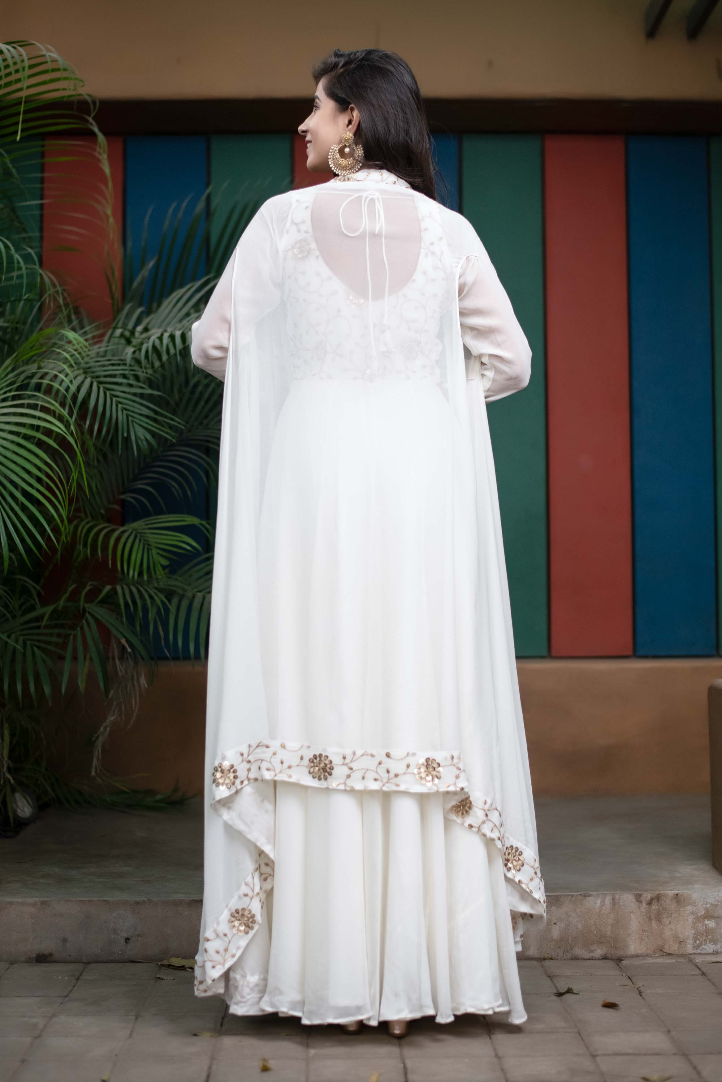 Women's Off White Jacket Gown With Sequin And Zari Work (2pcs Set) - Label Shaurya Sanadhya