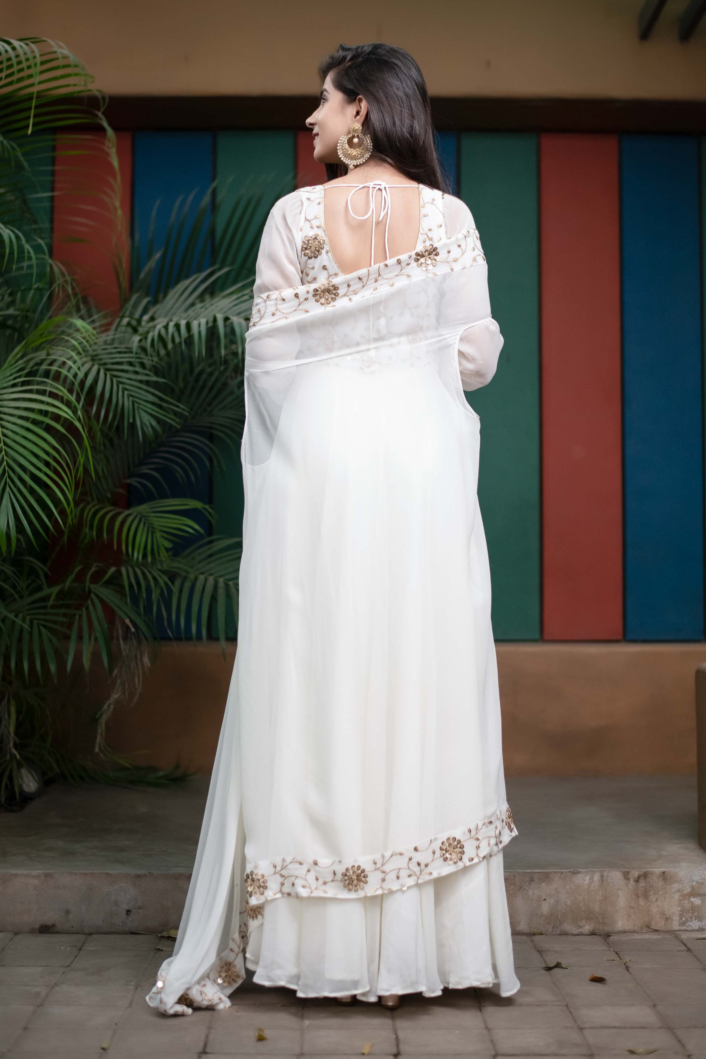 Women's Off White Jacket Gown With Sequin And Zari Work (2pcs Set) - Label Shaurya Sanadhya