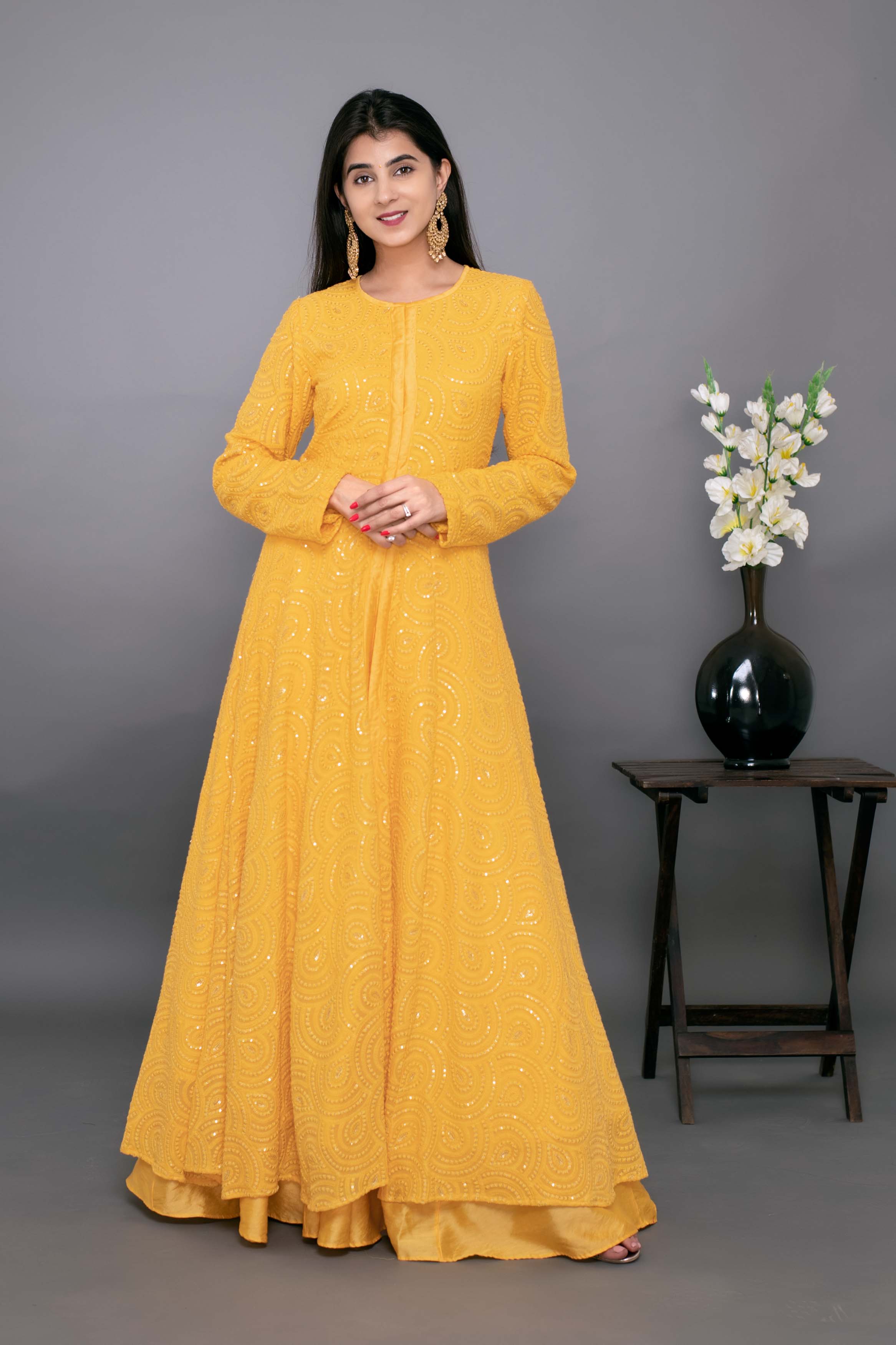 Buy Women's Yellow Thread Work Anarkali With Chanderi Skirt - Label ...