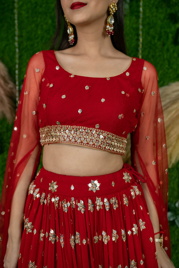 Women's Red And Gold Lehenga Cape Sleeves