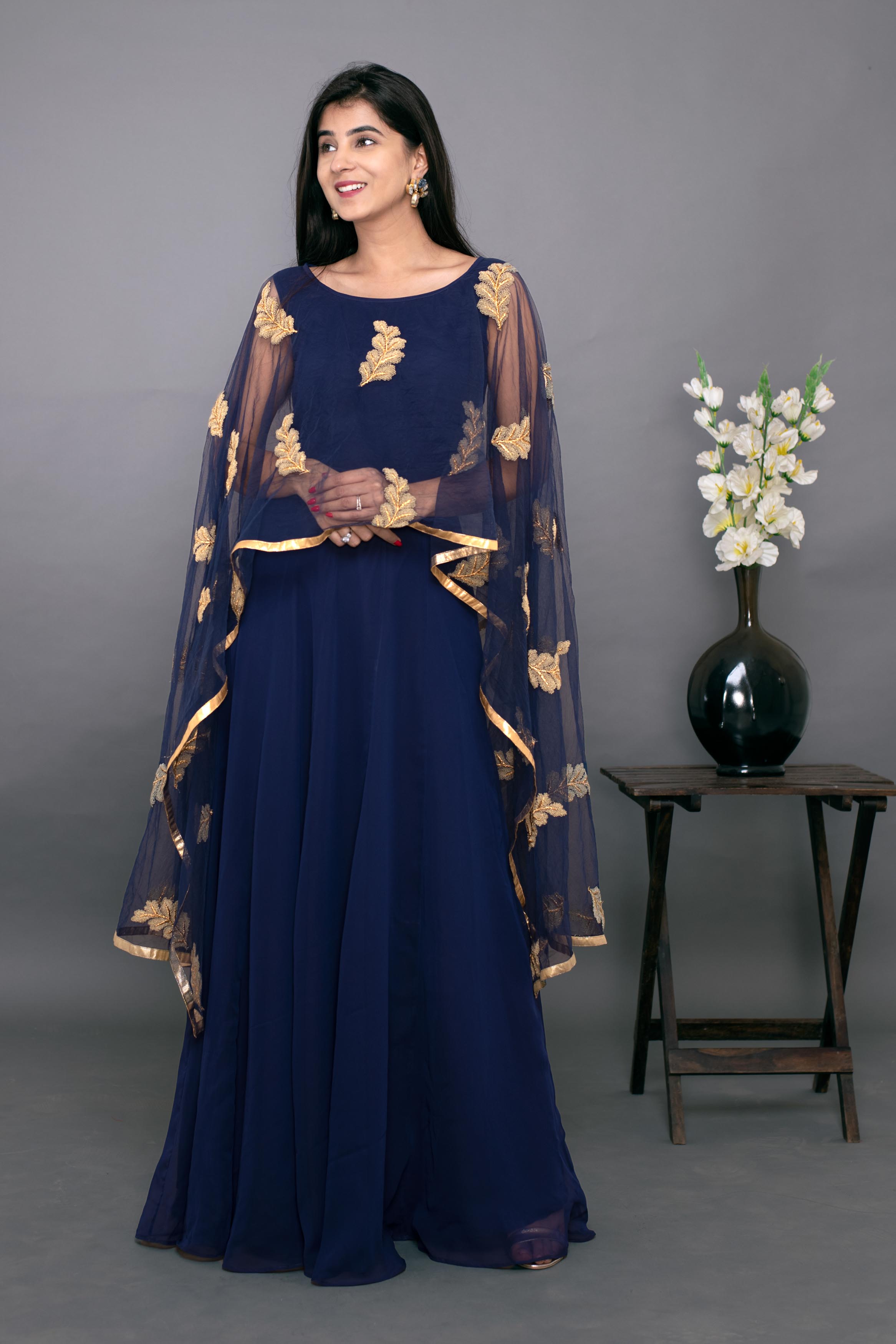 Sanya Gulati – Midnight blue one shoulder gown with attached dupatta –  Nikaza Asian Couture