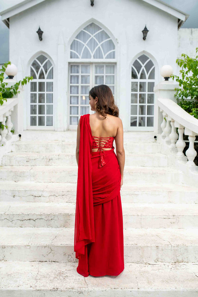 Women's Red Skirt Slit Saree