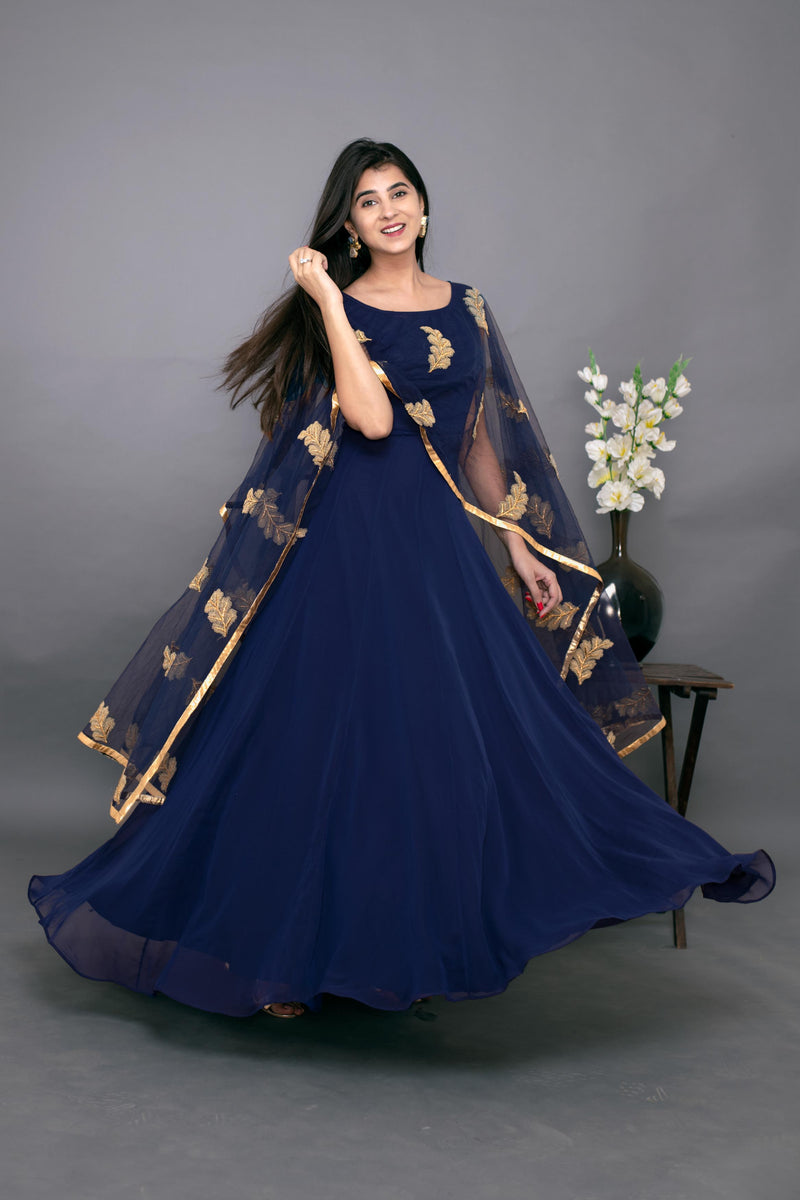 Printed Blue Gown With Dupatta