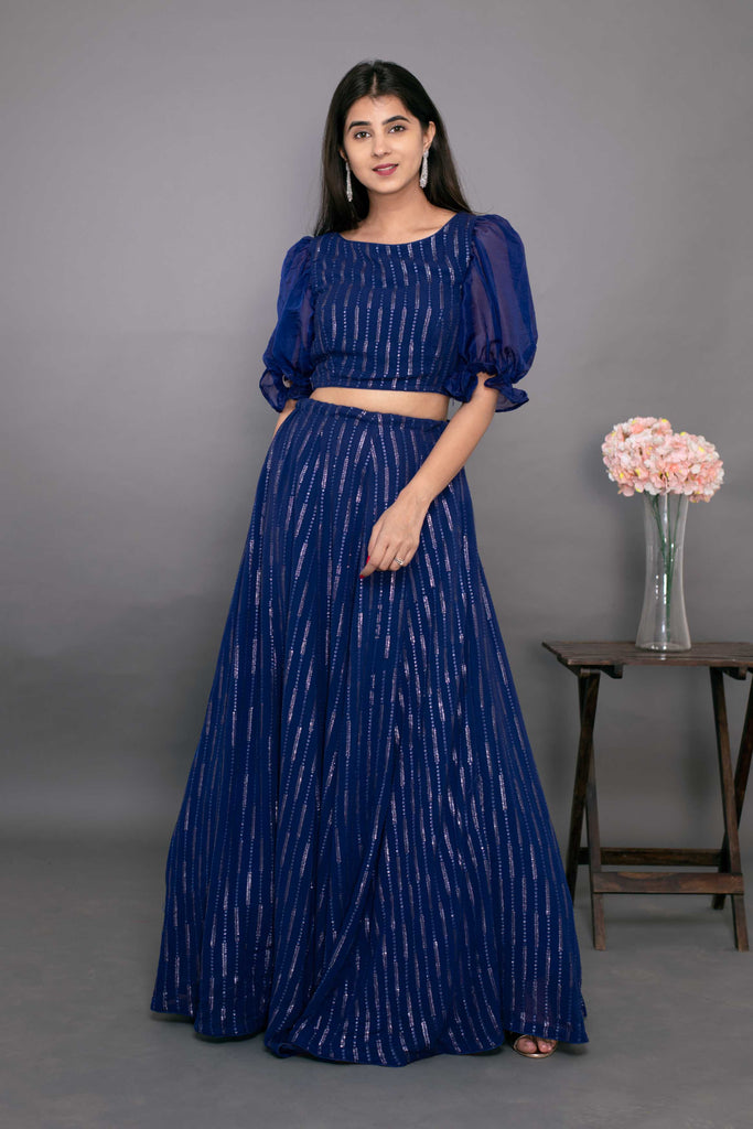 Women's Ink Blue Ruffle Crop Top With Skirt (2pc Set)