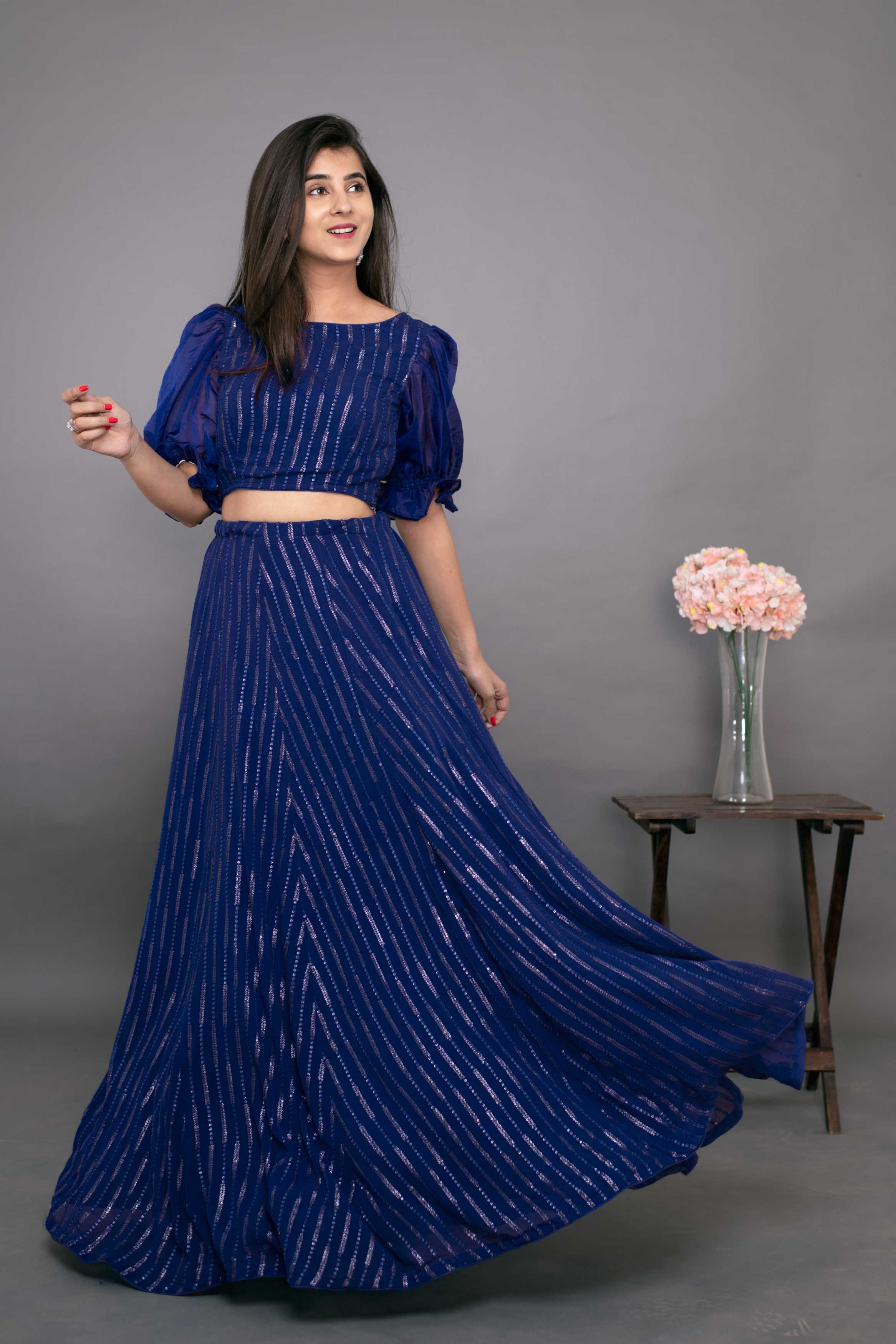 Women's Ink Blue Ruffle Crop Top With Skirt (2pc Set)