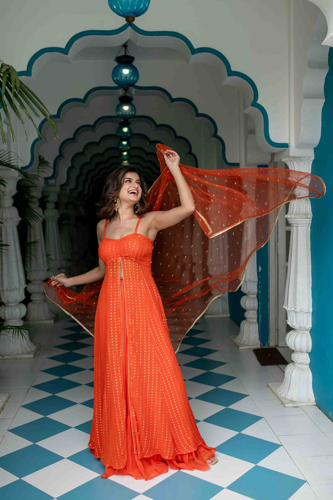 Women's Orange Long Slit Kurta With Skirt