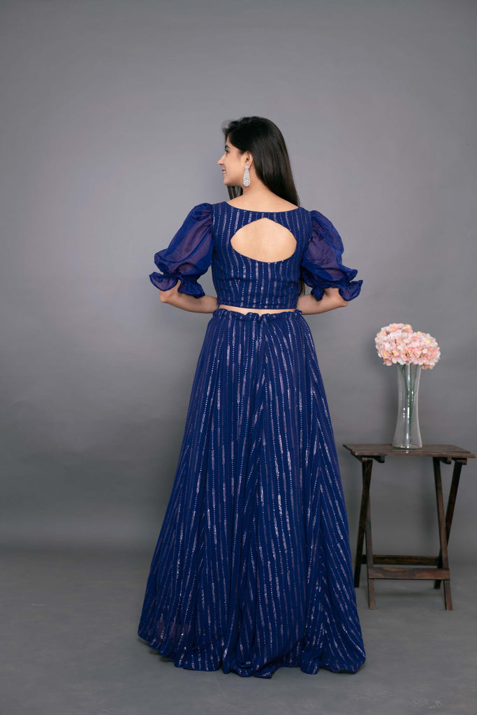 Women's Ink Blue Ruffle Crop Top With Skirt (2pc Set)