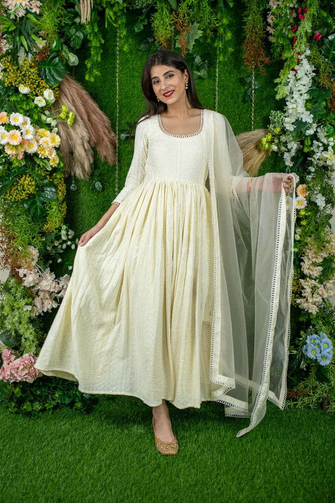 Women's Dolly White Thread Work Anarkali