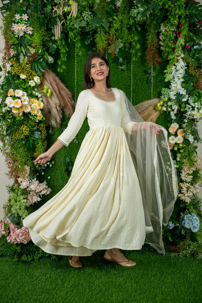 Women's Dolly White Thread Work Anarkali
