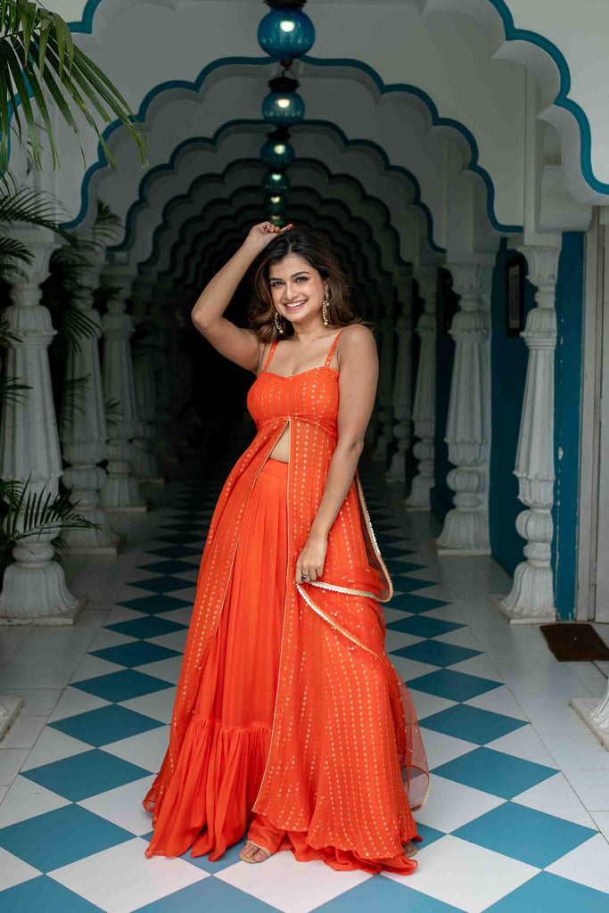 Women's Orange Long Slit Kurta With Skirt