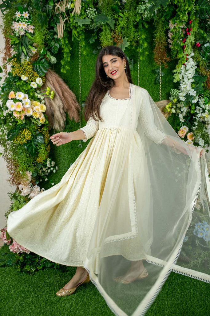 Women's Dolly White Thread Work Anarkali