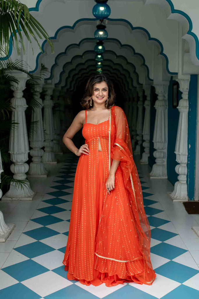 Women's Orange Long Slit Kurta With Skirt