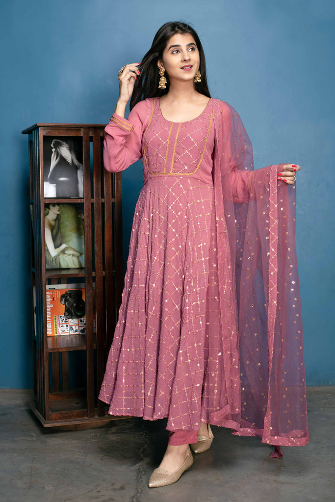 Women's Dusty Pink Thread And Sequin Work Anarkali Set (3pc Set)