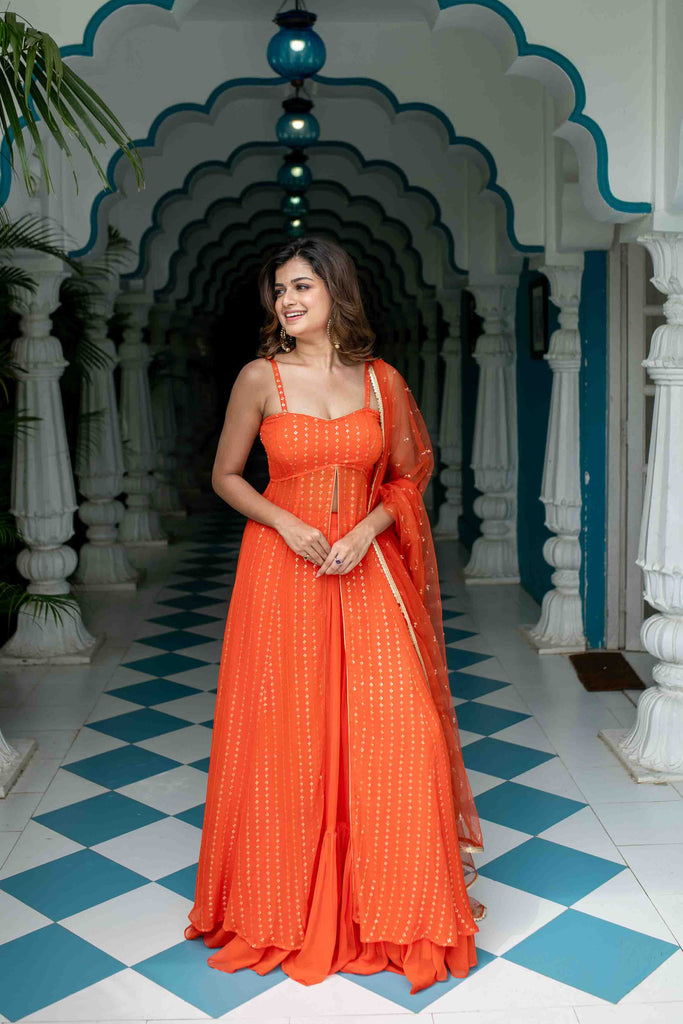 Women's Orange Long Slit Kurta With Skirt