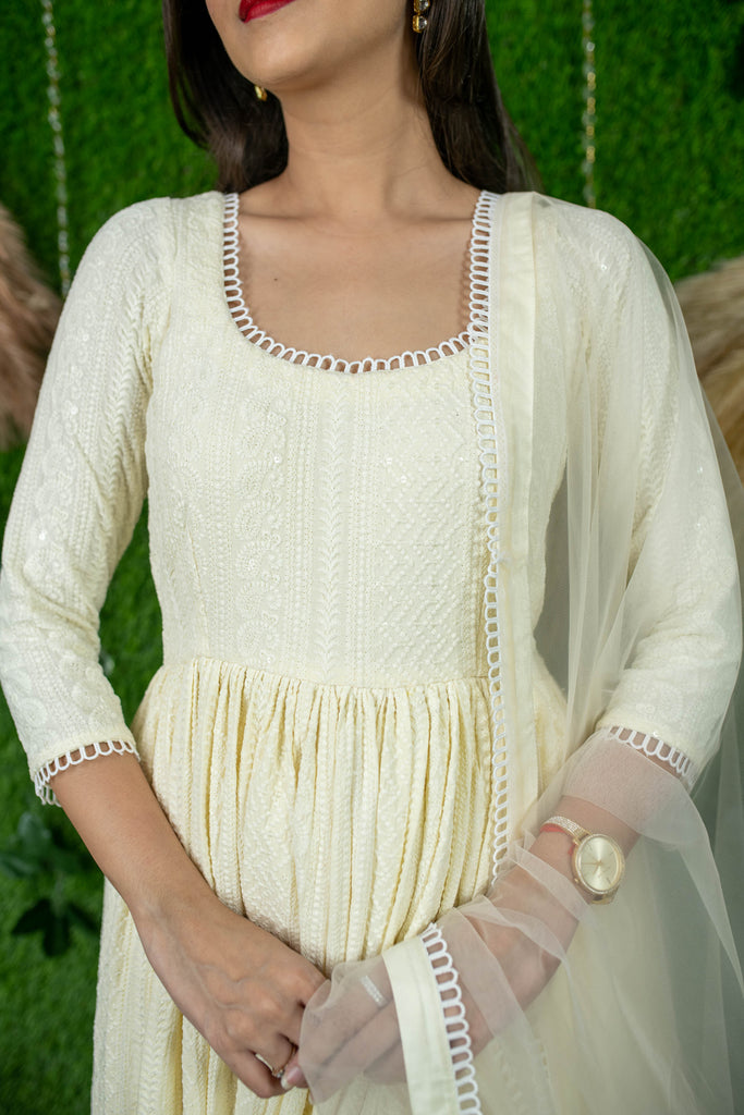 Women's Dolly White Thread Work Anarkali