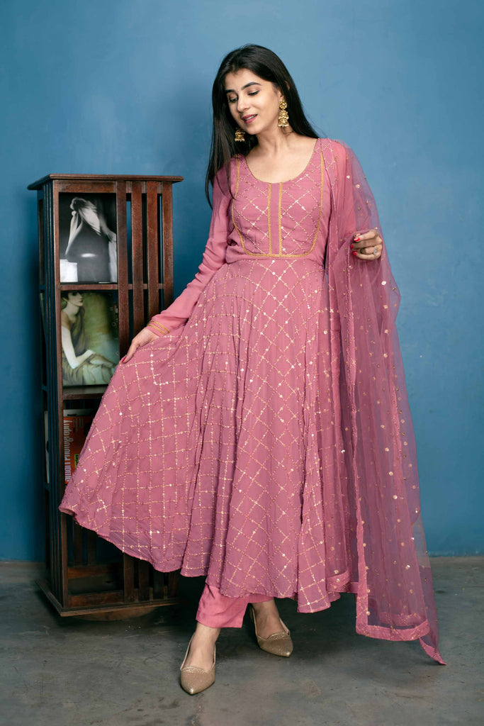 Women's Dusty Pink Thread And Sequin Work Anarkali Set (3pc Set)